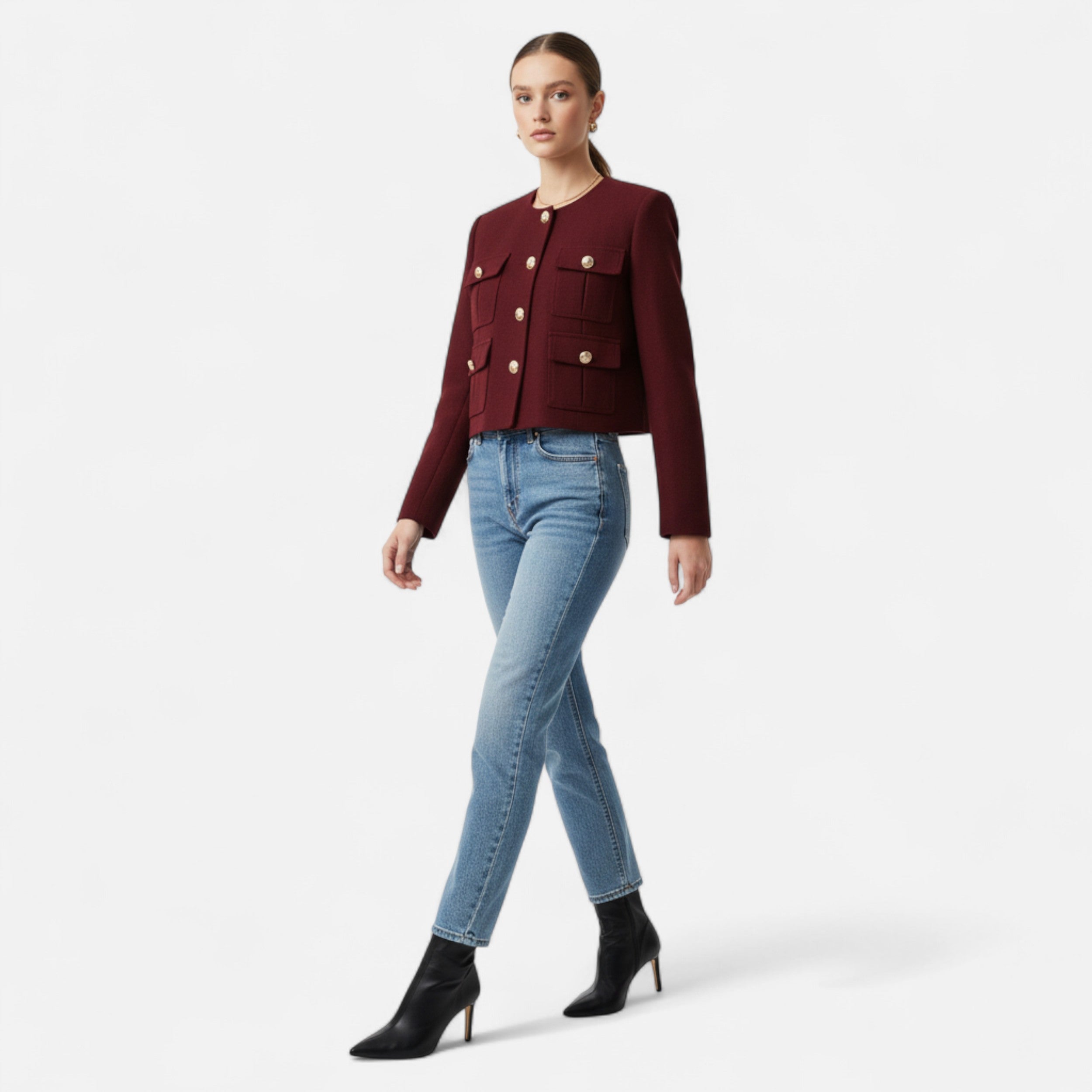 Lanemont's Boutique | Women’s Burgundy Military-Style Cropped Jacket