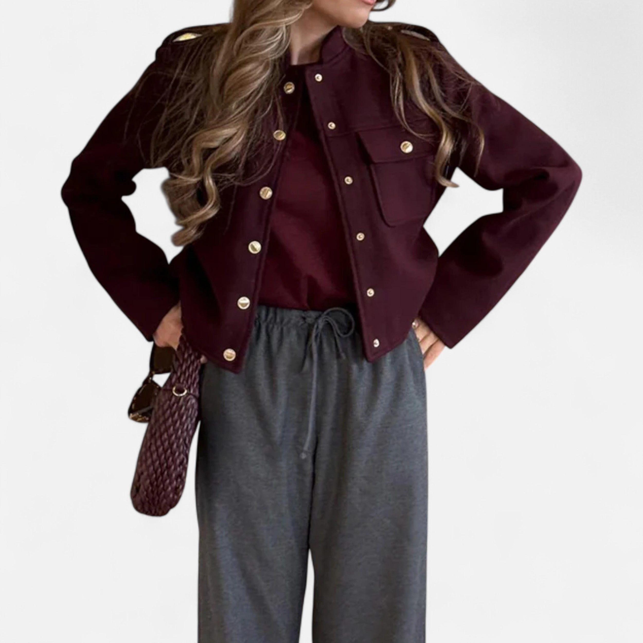 Lanemont's Boutique | Women’s Burgundy Military-Style Cropped Jacket