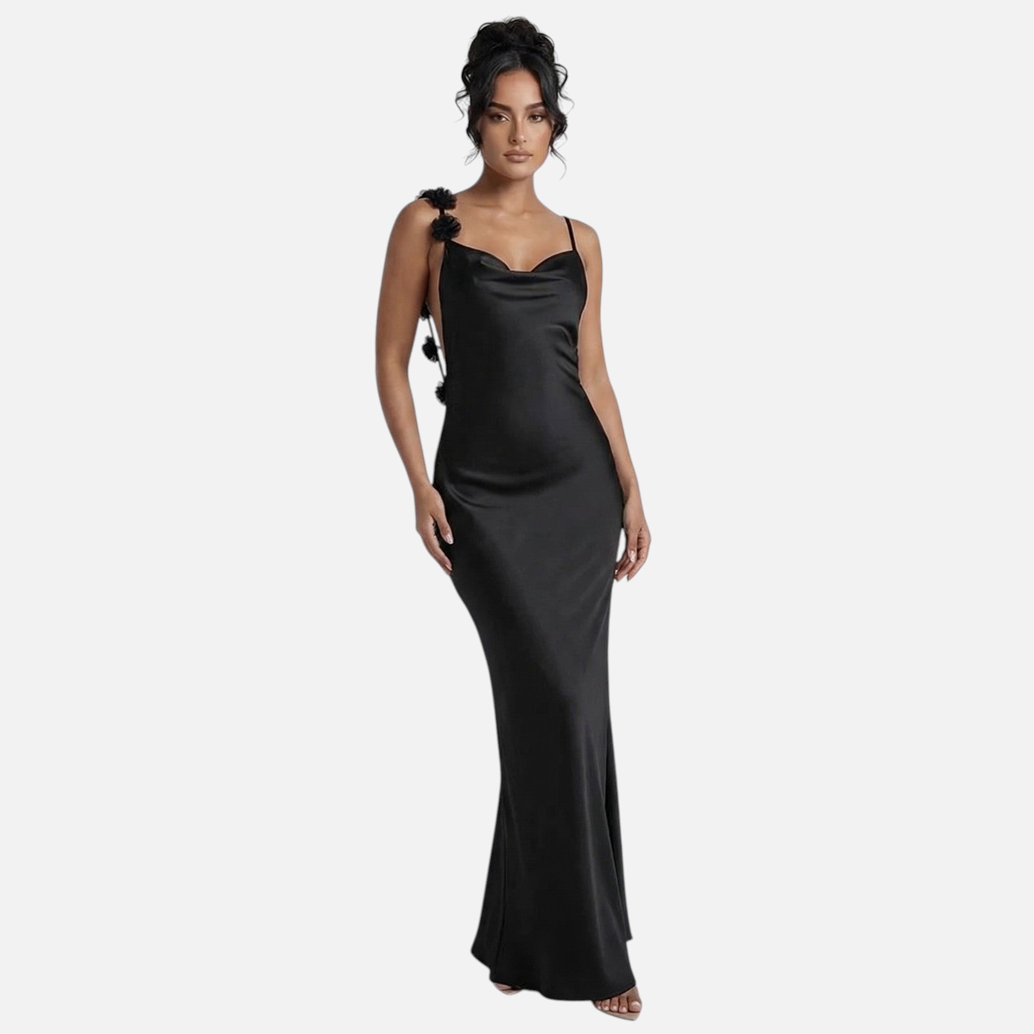 Lanemont's Boutiuqe | Women's Maxi Dress with Draped Neckline and Floral Backstraps